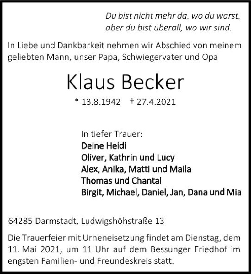  Traueranzeige für Klaus Becker vom 08.05.2021 aus vrm-trauer