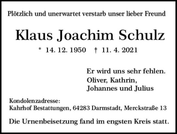 Traueranzeige von Klaus Joachim Schulz von vrm-trauer