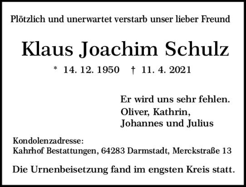  Traueranzeige für Klaus Joachim Schulz vom 08.05.2021 aus vrm-trauer