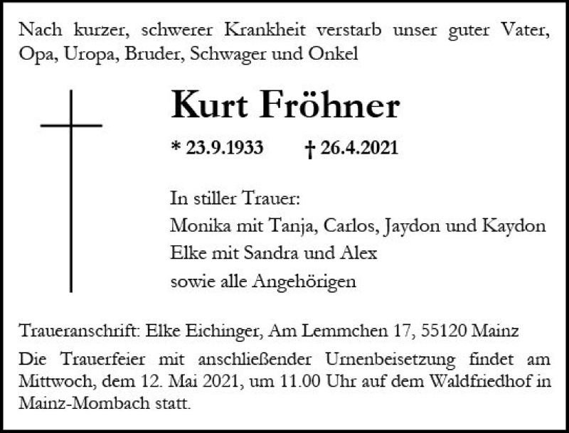  Traueranzeige für Kurt Fröhner vom 08.05.2021 aus vrm-trauer
