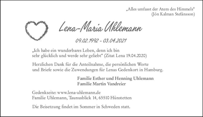  Traueranzeige für Lena-Maria Uhlemann vom 08.05.2021 aus vrm-trauer