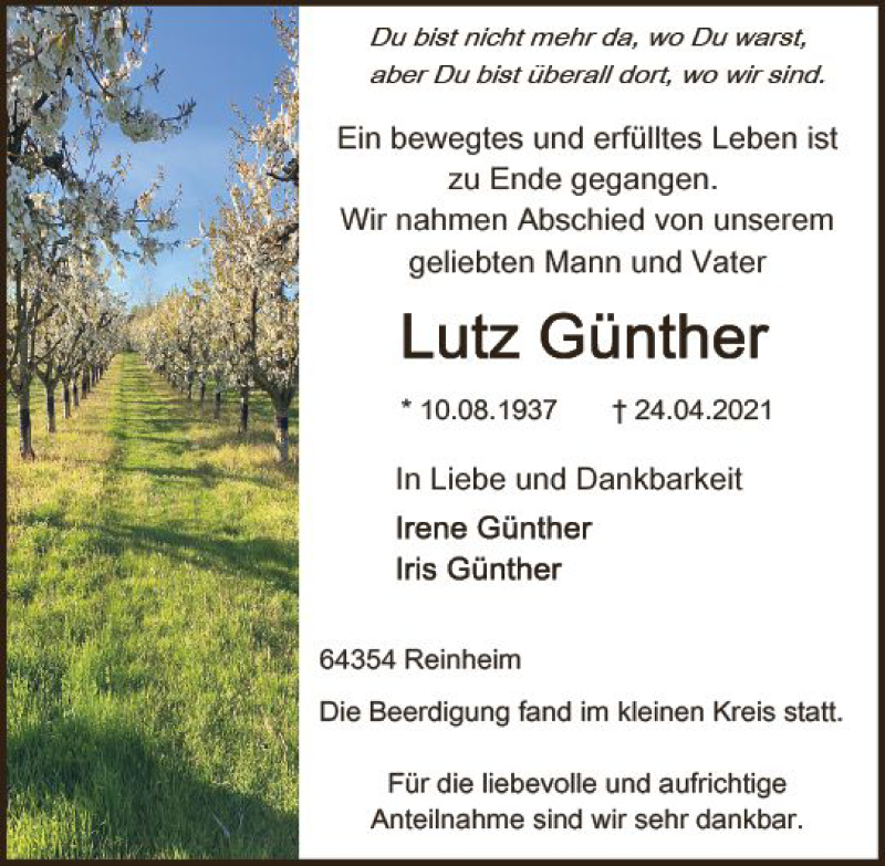  Traueranzeige für Lutz Günther vom 08.05.2021 aus vrm-trauer