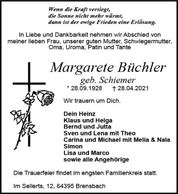 Traueranzeige von Margarete Büchler von vrm-trauer