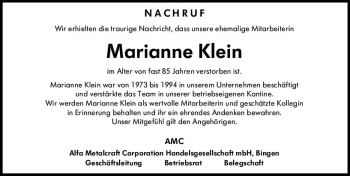 Traueranzeige von Marianne Klein von vrm-trauer