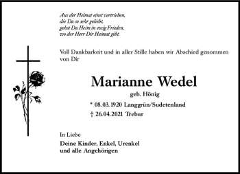 Traueranzeige von Marianne Wedel von vrm-trauer