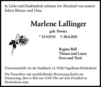 Traueranzeige von Marlene Lallinger von vrm-trauer