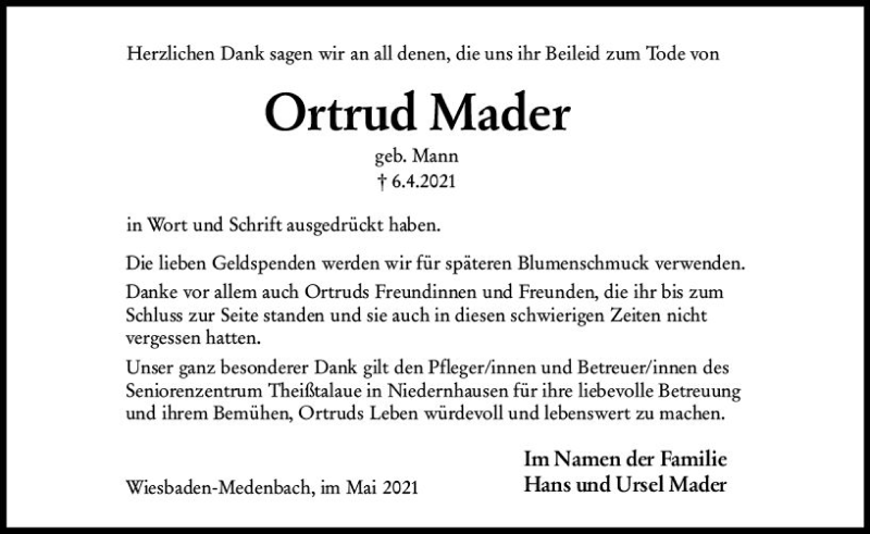  Traueranzeige für Ortrud Mader vom 08.05.2021 aus vrm-trauer