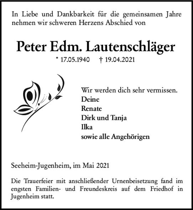  Traueranzeige für Peter Edm. Lautenschläger vom 08.05.2021 aus vrm-trauer