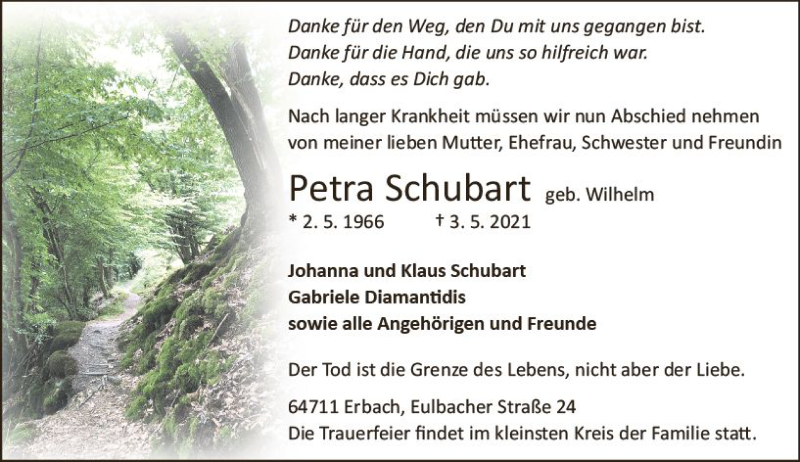  Traueranzeige für Petra Schubart vom 08.05.2021 aus vrm-trauer