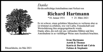 Traueranzeige von Richard Hartmann von vrm-trauer