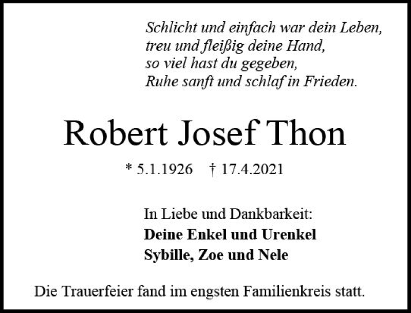  Traueranzeige für Robert Josef Thon vom 08.05.2021 aus vrm-trauer