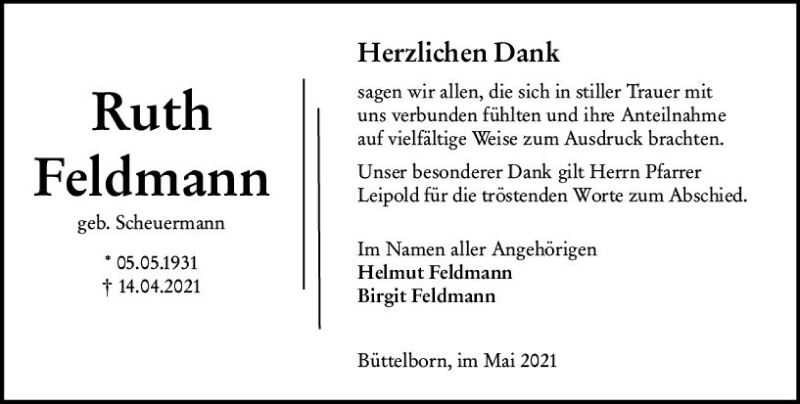  Traueranzeige für Ruth Feldmann vom 08.05.2021 aus vrm-trauer