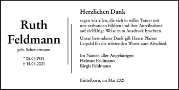 Traueranzeige von Ruth Feldmann von vrm-trauer