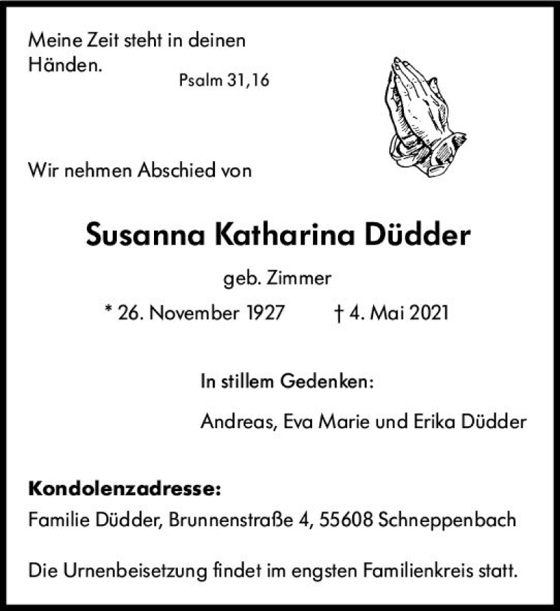  Traueranzeige für Susanna Katharina Düdder vom 08.05.2021 aus vrm-trauer