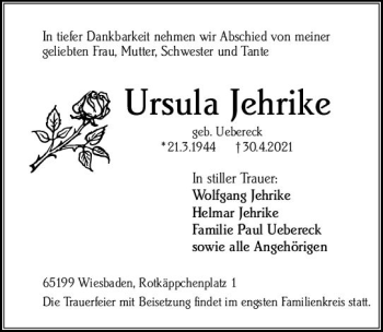 Traueranzeige von Ursula Jehrike von vrm-trauer