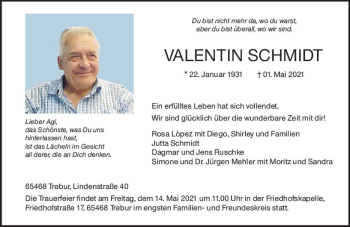 Traueranzeige von Valentin Schmidt von vrm-trauer