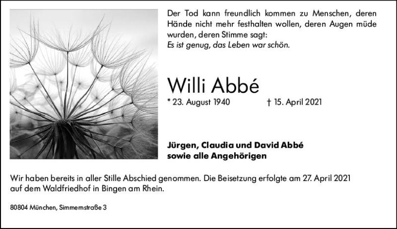  Traueranzeige für Willi Abbe vom 08.05.2021 aus vrm-trauer