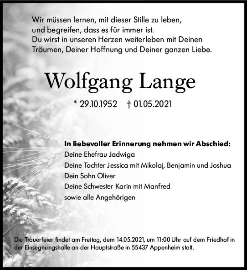  Traueranzeige für Wolfgang Lange vom 08.05.2021 aus vrm-trauer