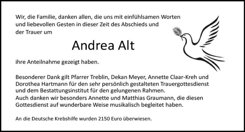  Traueranzeige für Andrea Alt vom 15.05.2021 aus vrm-trauer