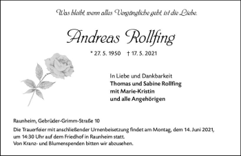 Traueranzeige von Andreas Rollfing von vrm-trauer