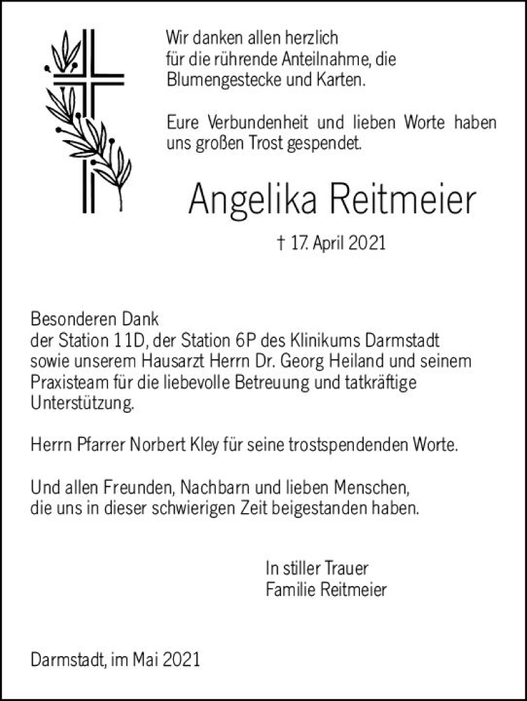  Traueranzeige für Angelika Reitmeier vom 31.05.2021 aus vrm-trauer