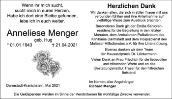 Traueranzeige von Anneliese Menger von vrm-trauer