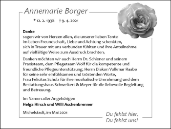 Traueranzeige von Annemarie Borger von vrm-trauer