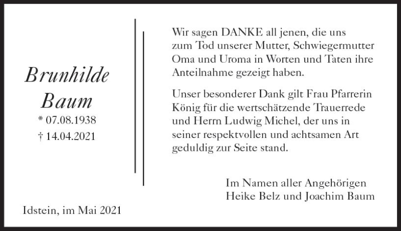  Traueranzeige für Brunhilde Baum vom 22.05.2021 aus vrm-trauer