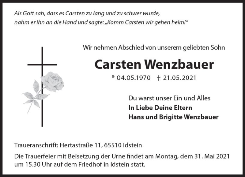 Traueranzeige für Carsten Wenzbauer vom 26.05.2021 aus vrm-trauer