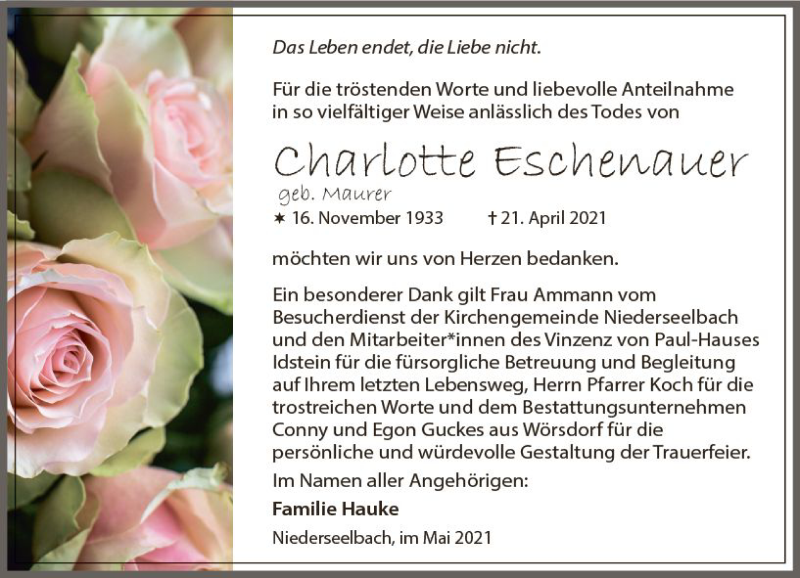  Traueranzeige für Charlotte Eschenauer vom 22.05.2021 aus vrm-trauer