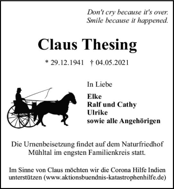 Traueranzeige von Claus Thesing von vrm-trauer