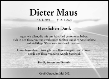 Traueranzeige von Dieter Maus von vrm-trauer