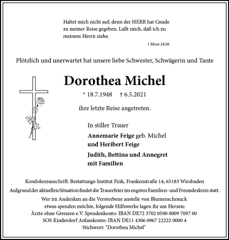  Traueranzeige für Dorothea Michel vom 15.05.2021 aus vrm-trauer