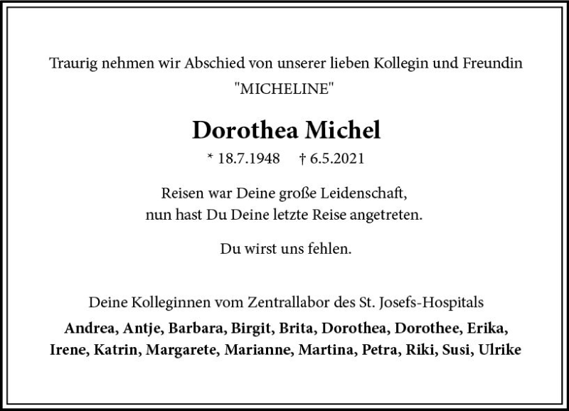  Traueranzeige für Dorothea Michel vom 15.05.2021 aus vrm-trauer