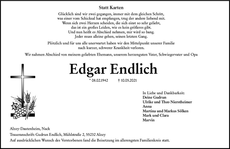  Traueranzeige für Edgar Endlich vom 20.05.2021 aus vrm-trauer