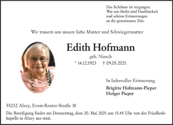 Traueranzeige von Edith Hofmann von vrm-trauer