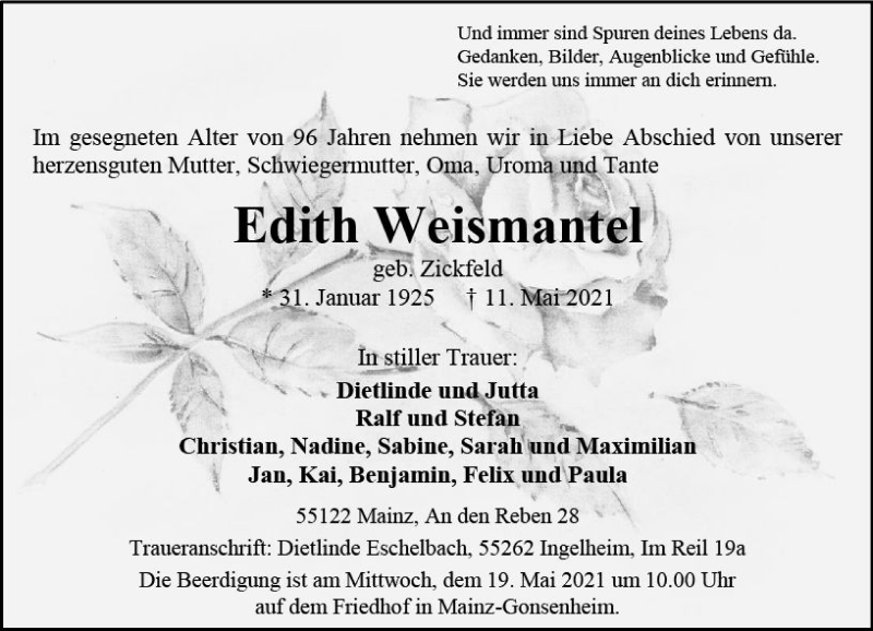  Traueranzeige für Edith Weismantel vom 15.05.2021 aus vrm-trauer