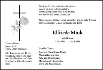 Traueranzeige von Elfriede Mink von vrm-trauer