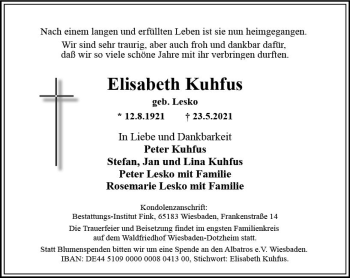 Traueranzeige von Elisabeth Kuhfus von vrm-trauer