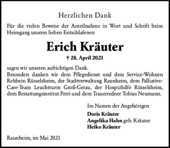 Traueranzeige von Erich Kräuter von vrm-trauer