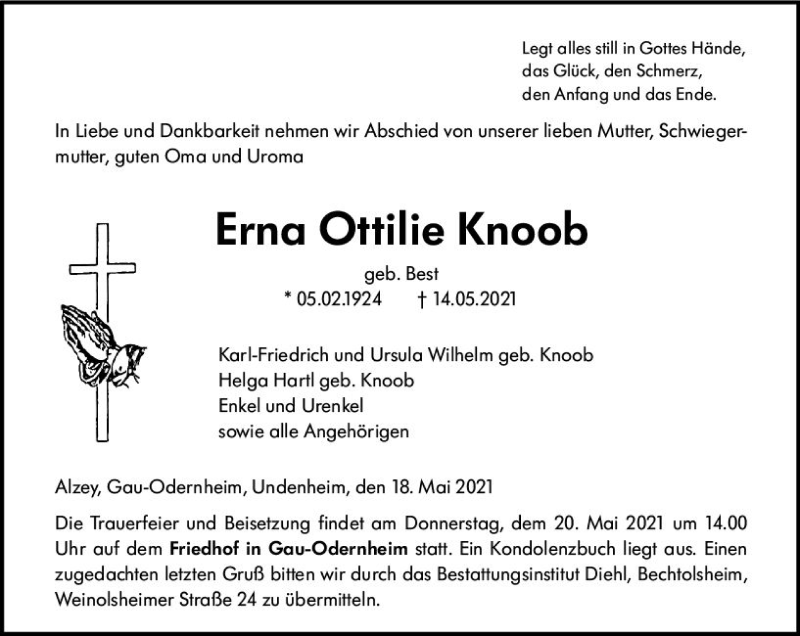  Traueranzeige für Erna Ottilie Knoob vom 18.05.2021 aus vrm-trauer