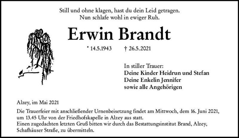  Traueranzeige für Erwin Brandt vom 29.05.2021 aus vrm-trauer
