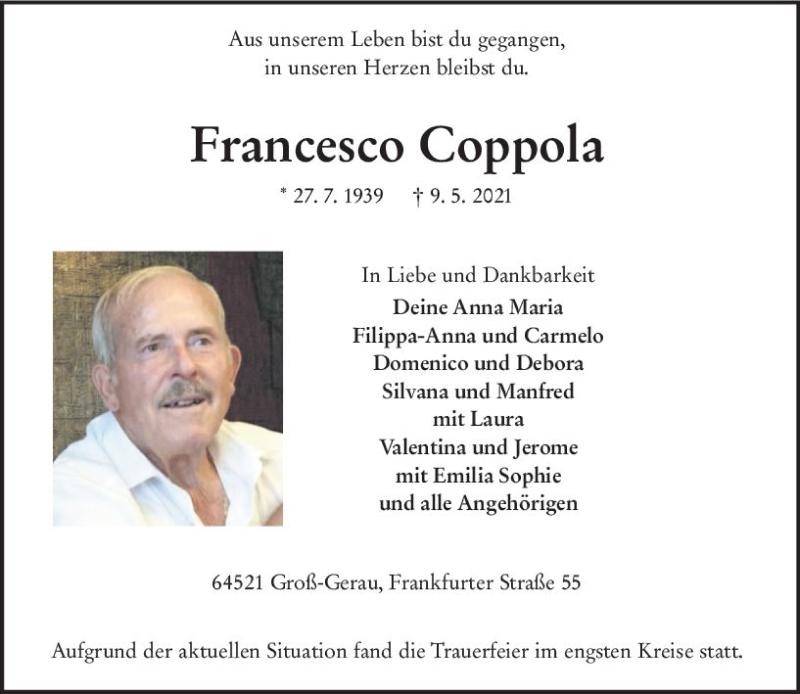  Traueranzeige für Francesco Coppola vom 22.05.2021 aus vrm-trauer