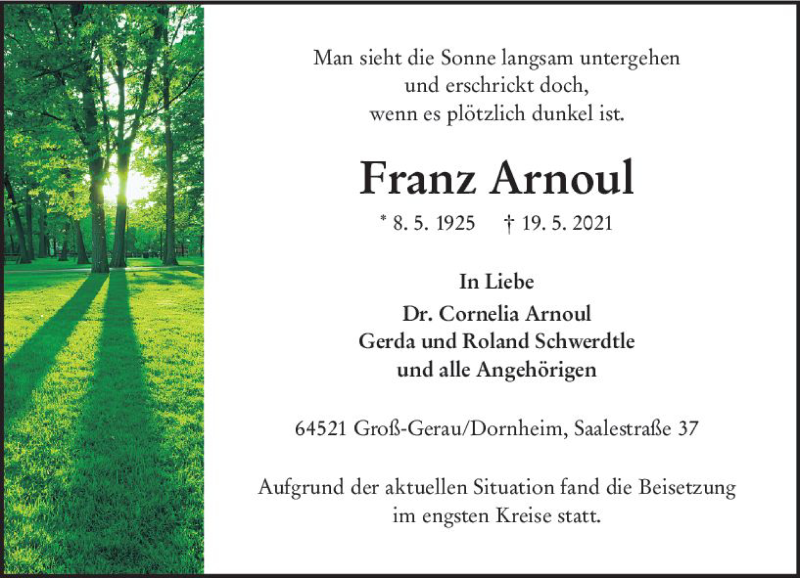  Traueranzeige für Franz Arnoul vom 29.05.2021 aus vrm-trauer