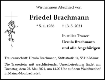 Traueranzeige von Friedel Brachmann von vrm-trauer
