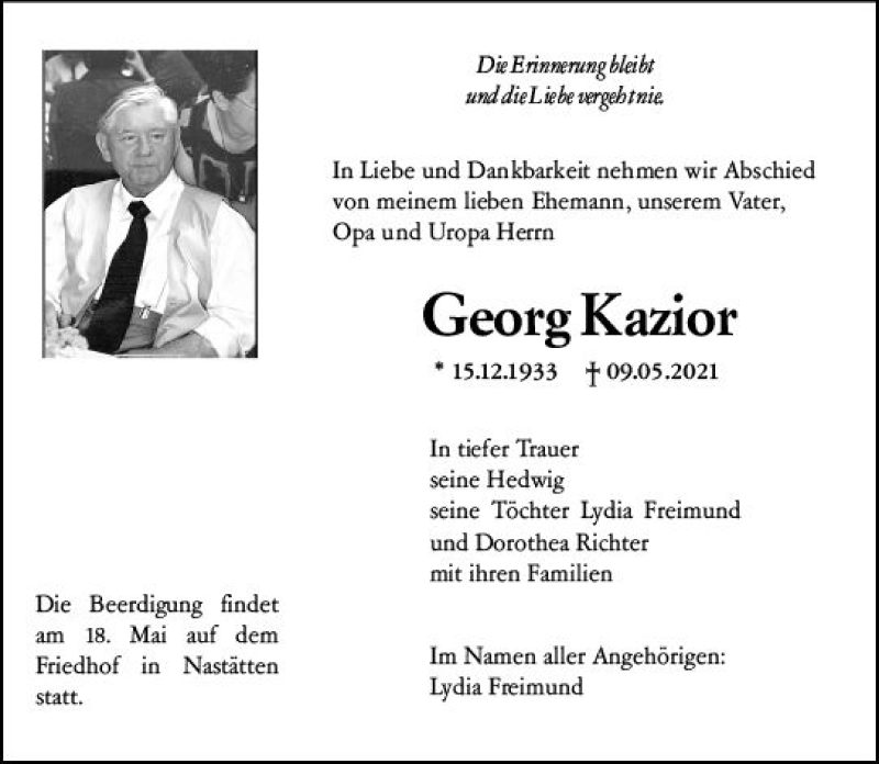  Traueranzeige für Georg Kazior vom 15.05.2021 aus vrm-trauer