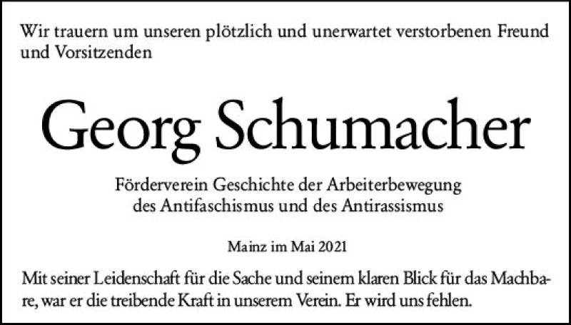  Traueranzeige für Georg Schumacher vom 27.05.2021 aus vrm-trauer