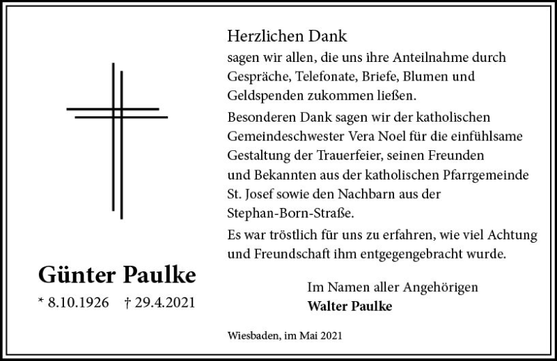  Traueranzeige für Günter Paulke vom 29.05.2021 aus vrm-trauer