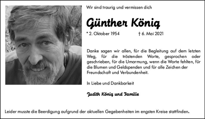  Traueranzeige für Günther König vom 29.05.2021 aus vrm-trauer