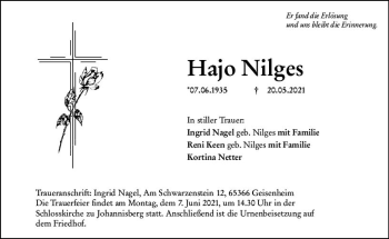 Traueranzeige von Hajo Nilges von vrm-trauer